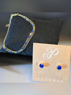 Plunder Gold Double Chain Bracelet/Anklet & matching Blue Stud Earrings Set
